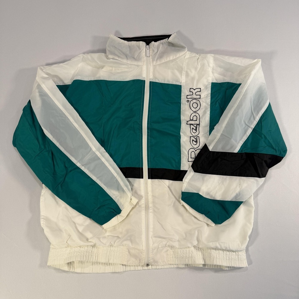 Vintage Reebok Jacket Womens‎ Large White Teal Colorblock Zip Windbreaker 90s